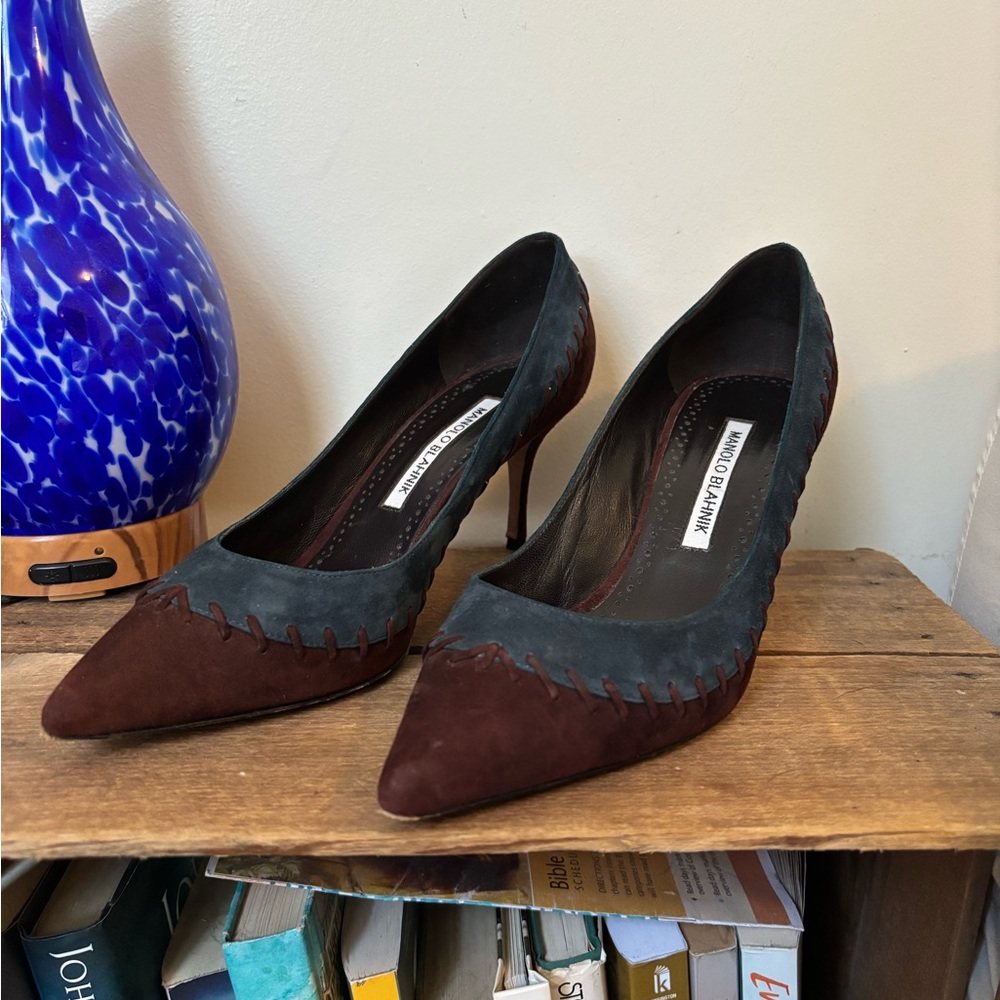 Manolo Blahnik Blue and Brown Heels
